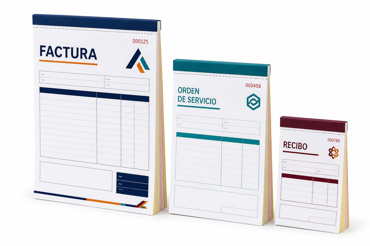 Talonarios autocopiantes personalizados para facturas, órdenes de servicio y recibos sobre fondo blanco