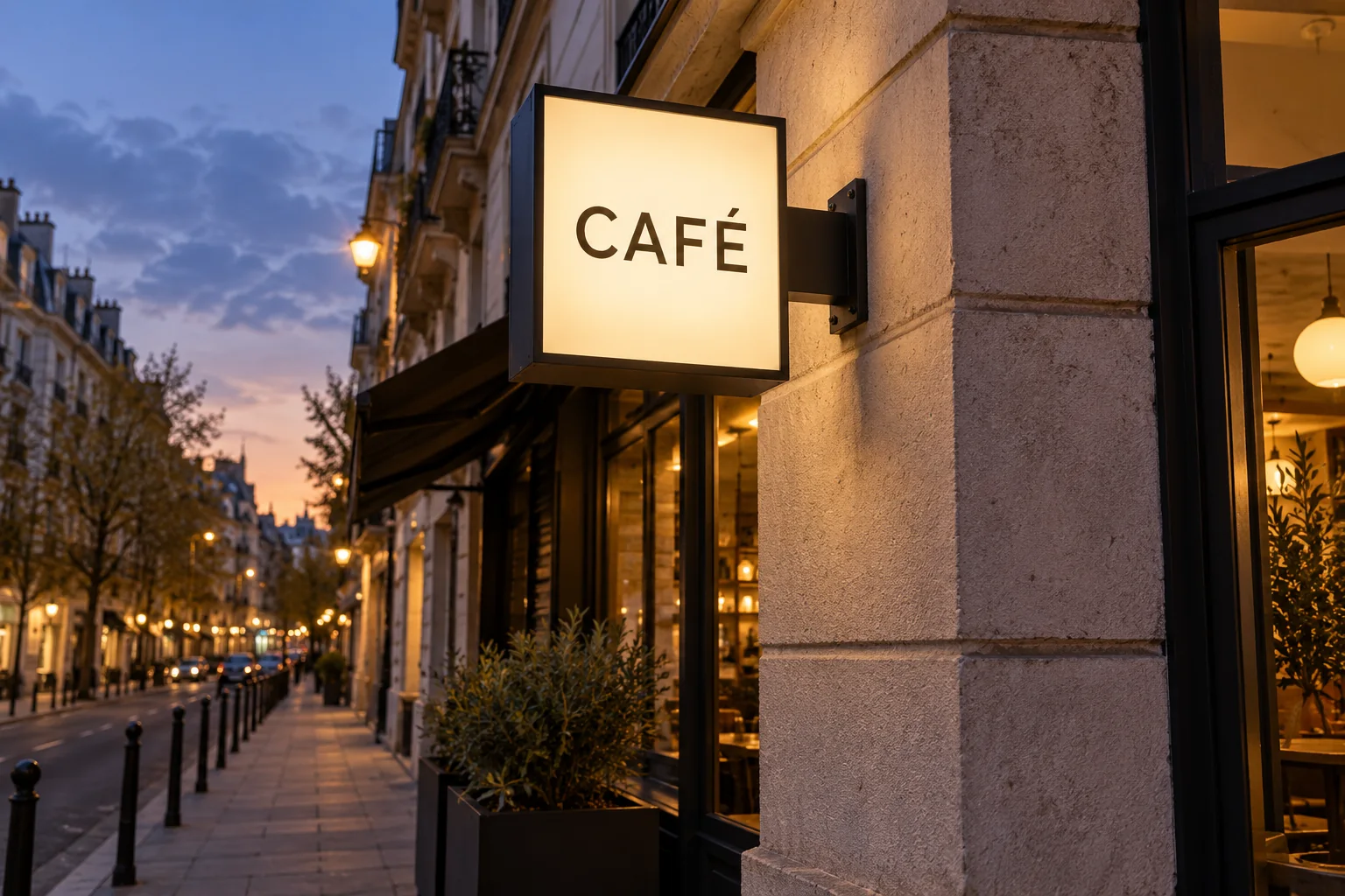 Banderola luminosa de doble cara instalada perpendicular a la fachada de un café. Imagen de referencia.