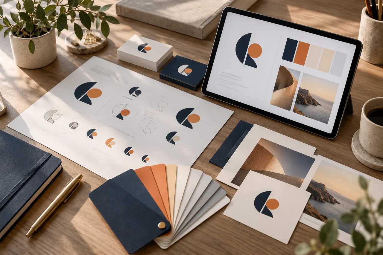 Diseño de identidad visual con logo, tarjetas, colores y guía de marca.
