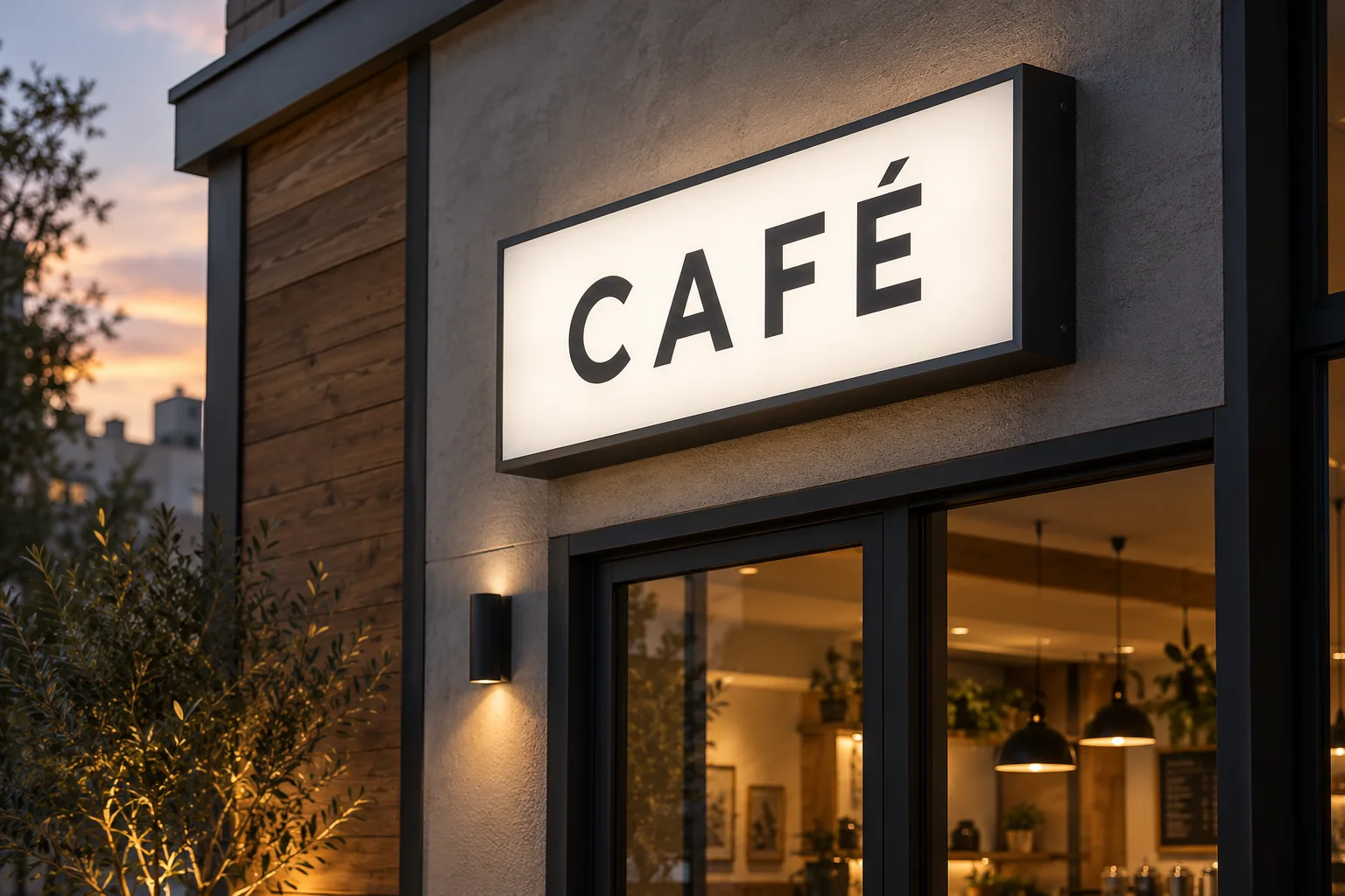 Caja de luz rectangular con el nombre CAFÉ, instalada en una fachada. Imagen de referencia.