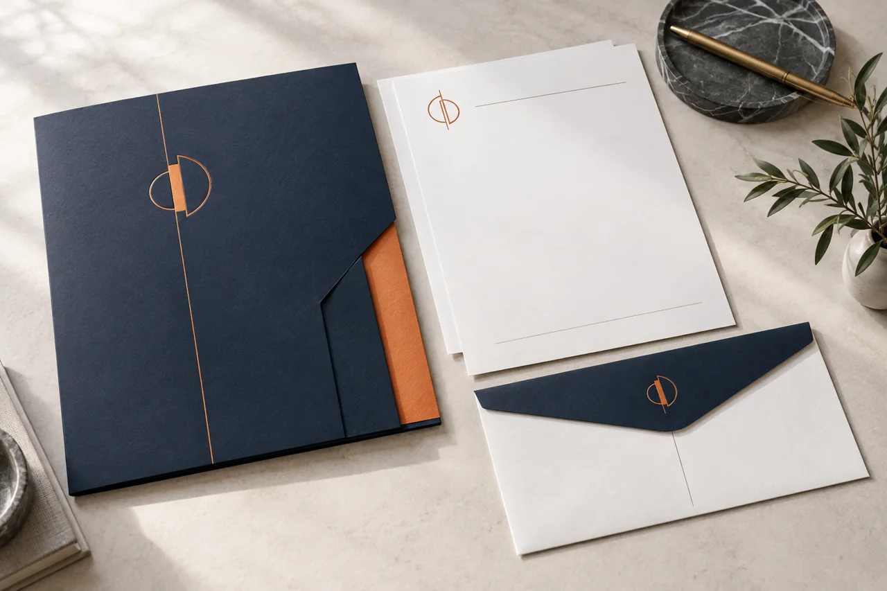 Carpeta, hojas membretadas y sobre con una identidad visual coordinada.