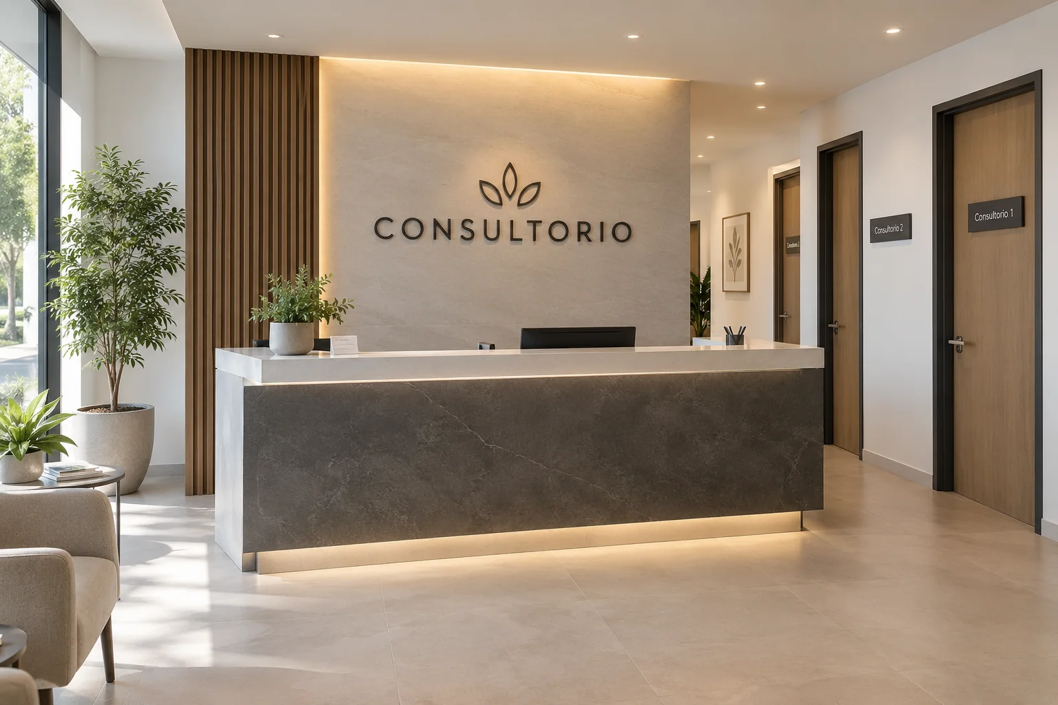 Recepción de consultorio con logo de pared y placas que identifican las salas. Imagen de referencia.