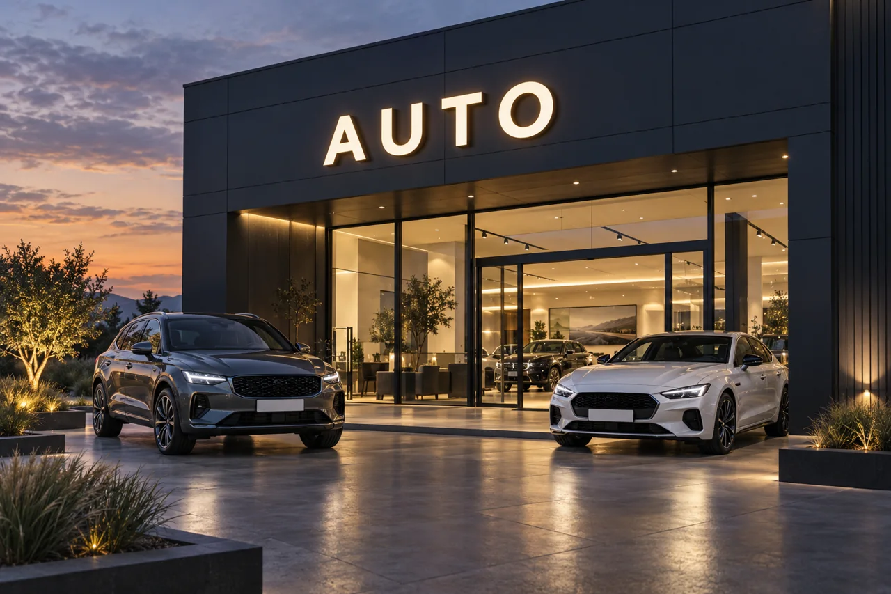 Fachada de showroom de vehículos con grandes letras iluminadas.