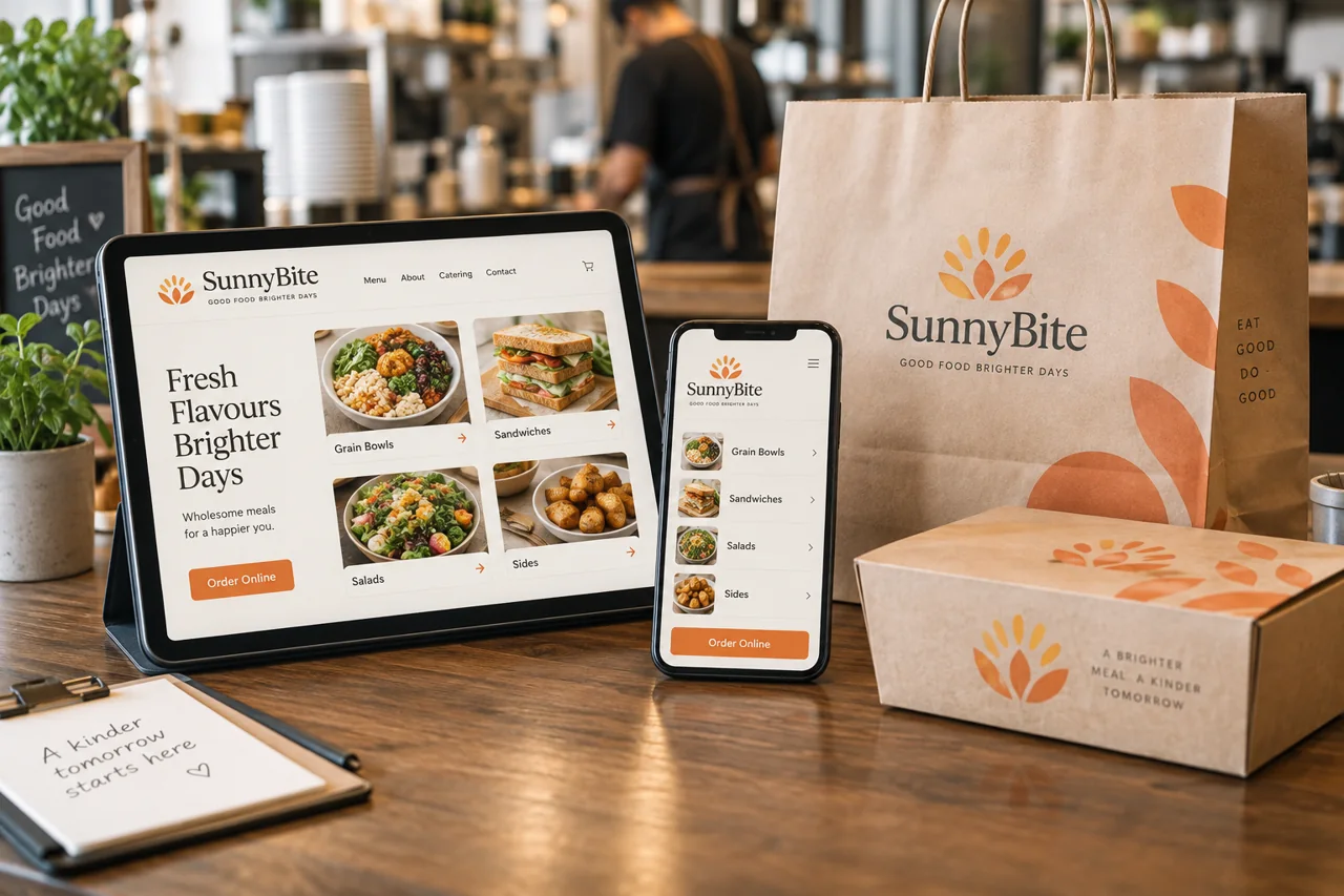 Menú digital en dispositivos y empaque para pedidos de comida.