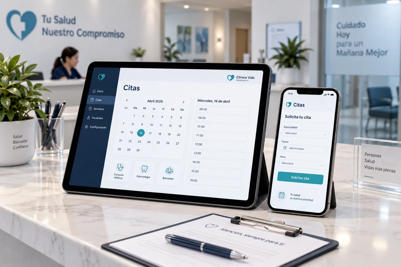 Calendario y solicitud de citas en tableta y teléfono de recepción.