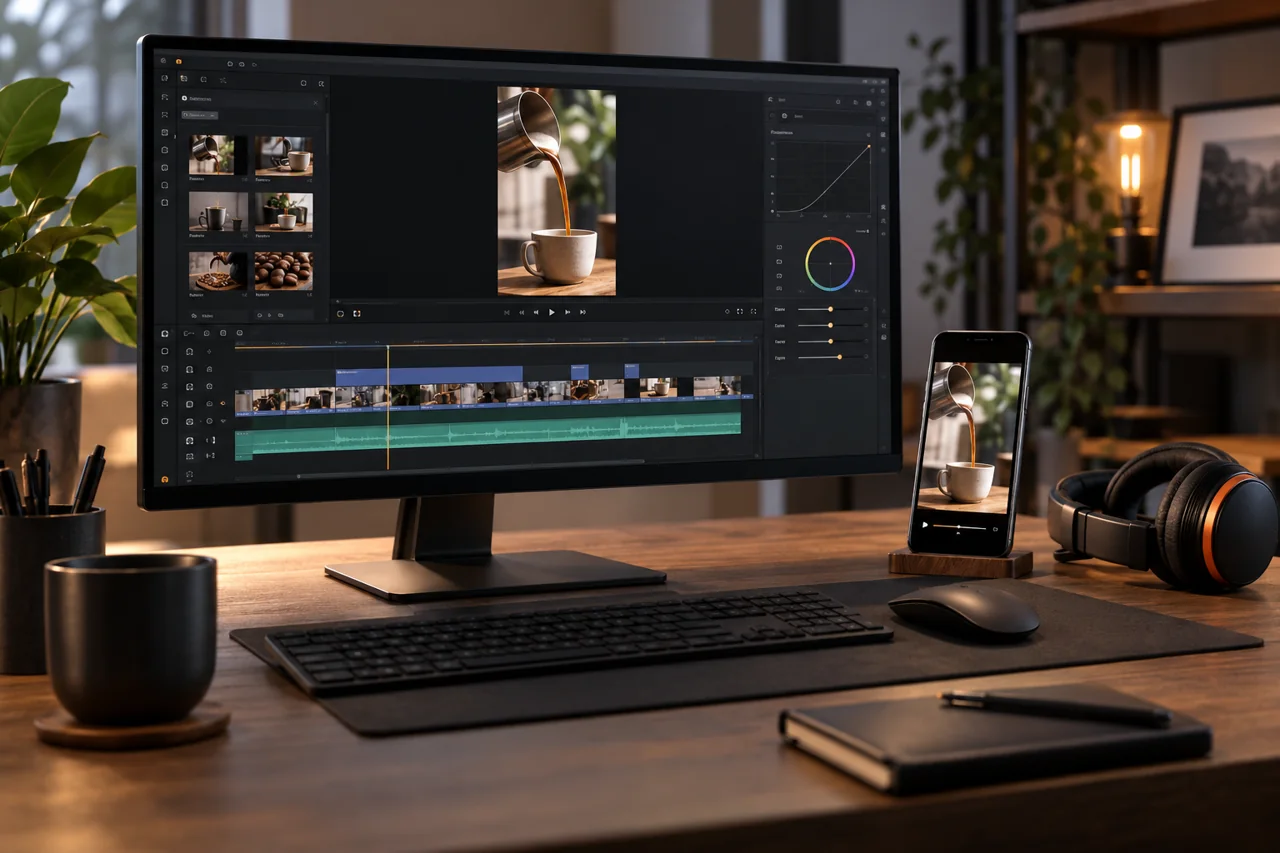Edición de un video para redes con una línea de tiempo y vista del reel.
