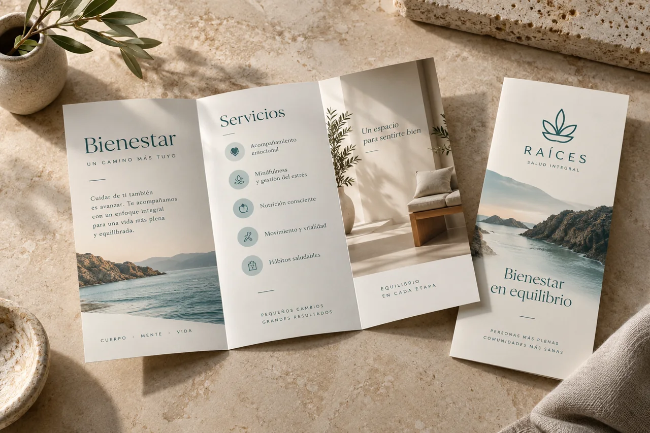 Brochure tríptico y flyer impresos con un diseño claro y coordinado.