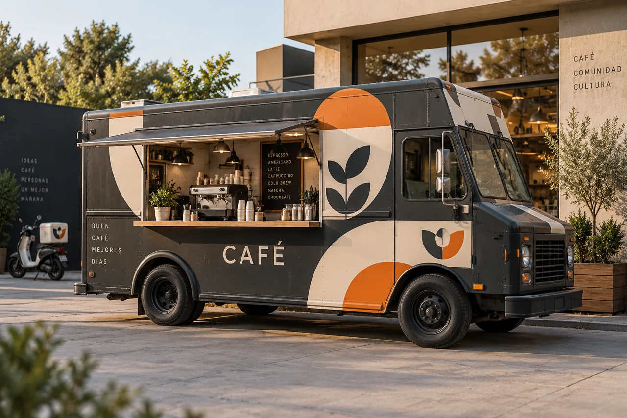 Food truck rotulado con una identidad gráfica de cafetería.