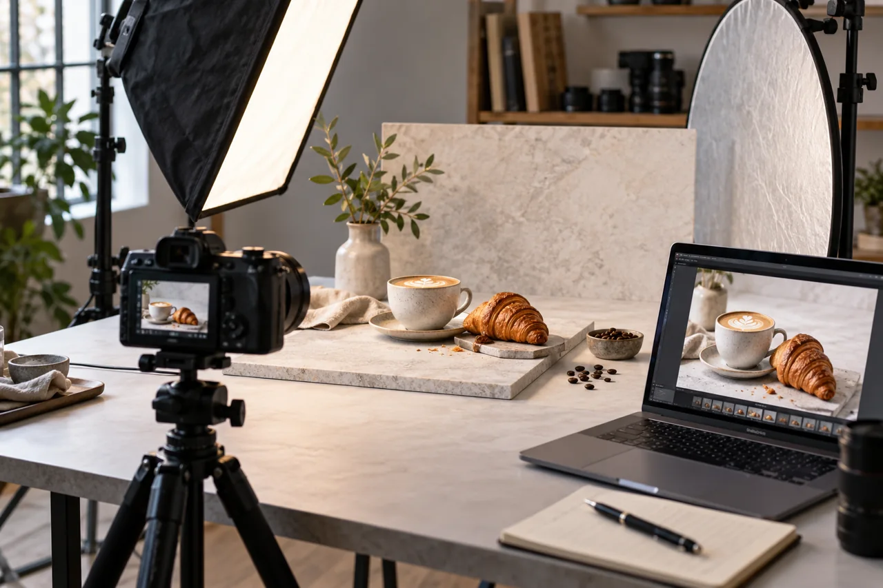 Equipo y montaje para fotografía de productos en estudio.