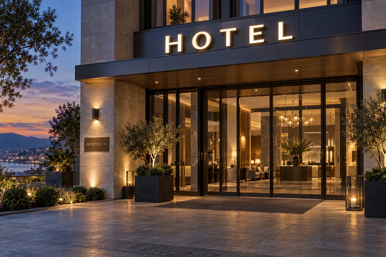 Entrada de hotel con letras iluminadas y recepción visible.