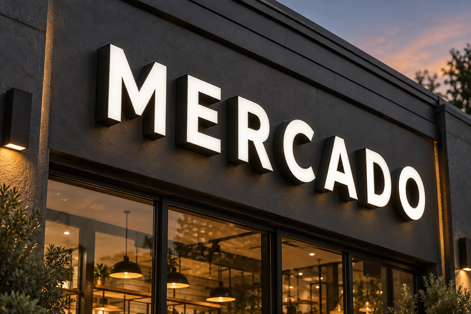 Letras 3D con iluminación LED en una fachada comercial al atardecer. Imagen de referencia.