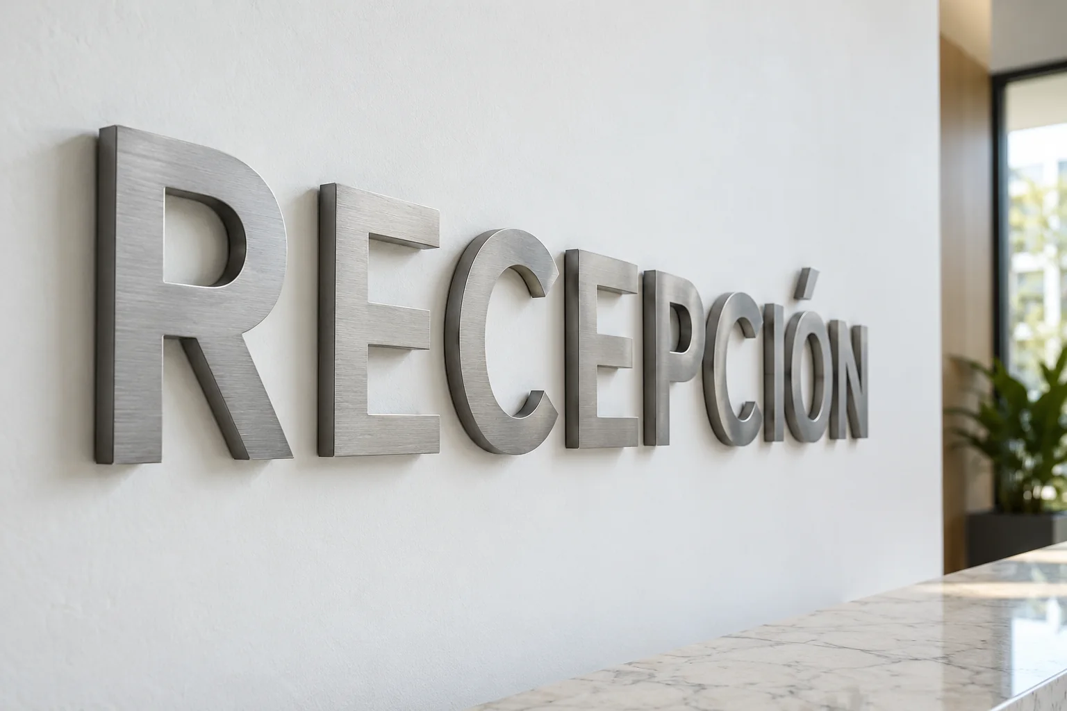 Letras 3D metálicas sin iluminación sobre una pared de recepción. Imagen de referencia.