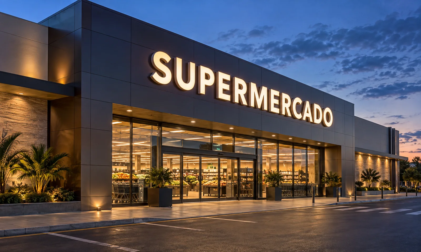 Fachada de supermercado con grandes letras iluminadas y paneles oscuros al atardecer. Imagen de referencia.