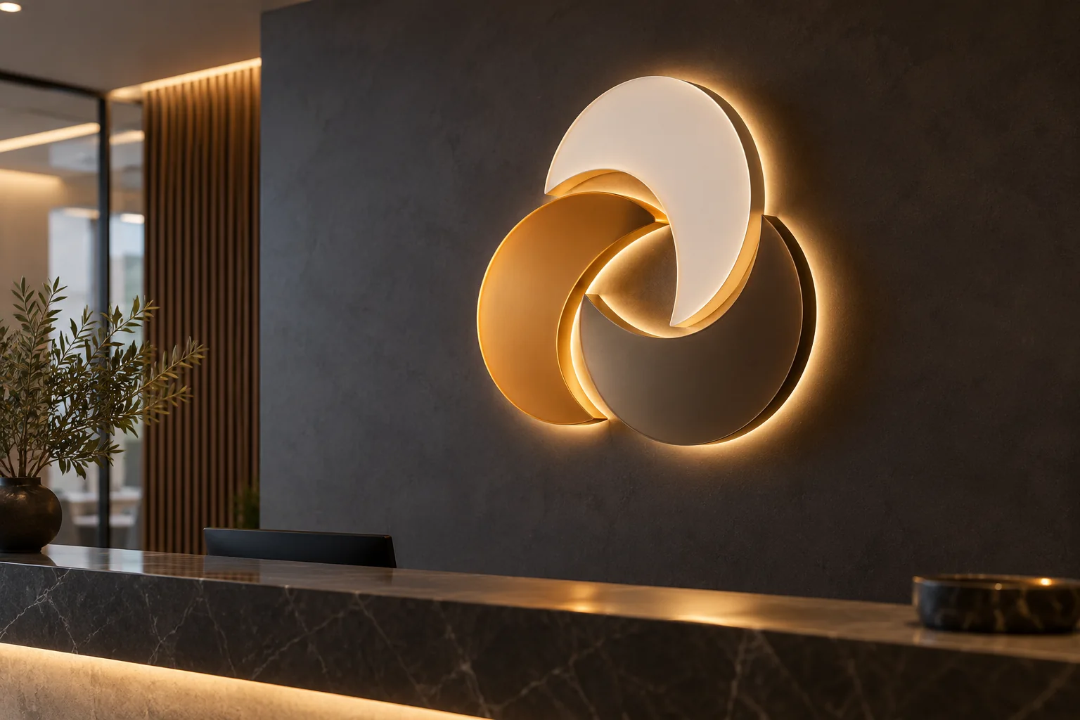 Logo de volumen iluminado en una recepción comercial. Imagen de referencia.