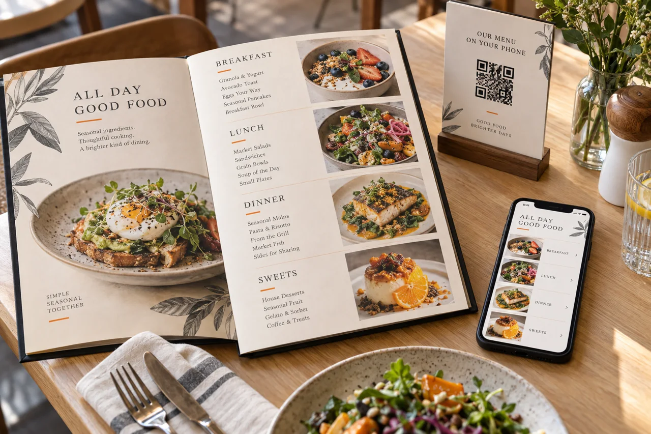 Menú impreso, soporte para QR y menú digital en teléfono.