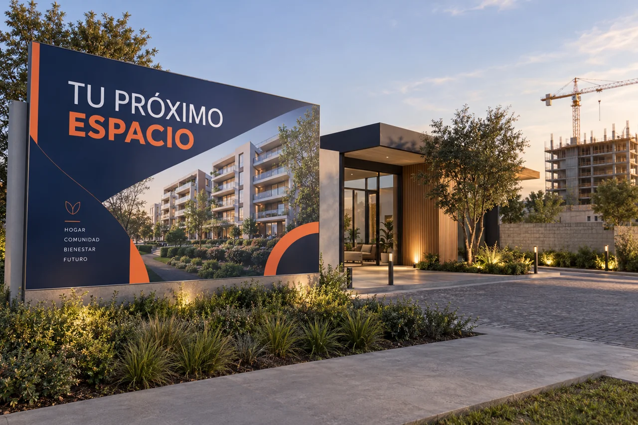 Entrada de proyecto inmobiliario con valla de presentación.