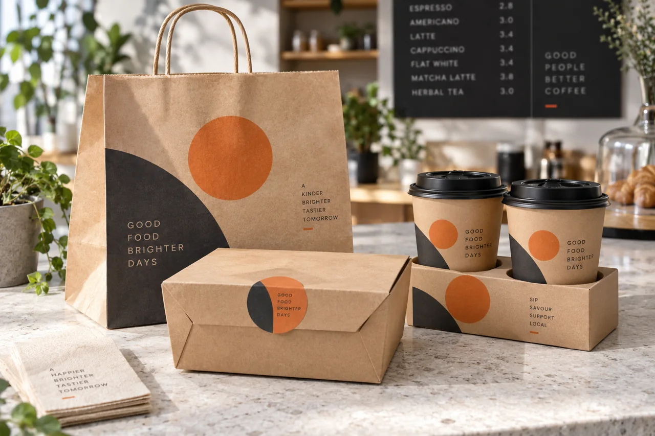 Bolsa, caja, sello y piezas de empaque personalizadas para llevar.