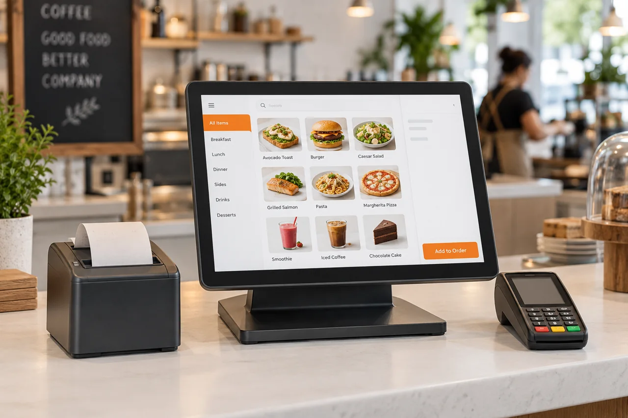 Sistema de punto de venta con pantalla, lector y recibo en un mostrador de negocio.