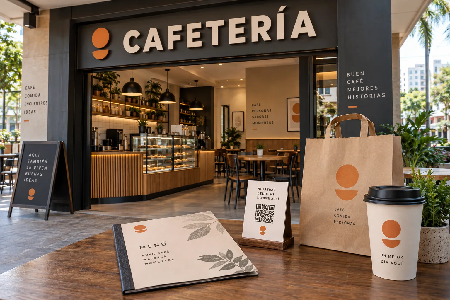 Cafetería con menú, vaso y empaque con una identidad visual coordinada. Imagen de referencia.