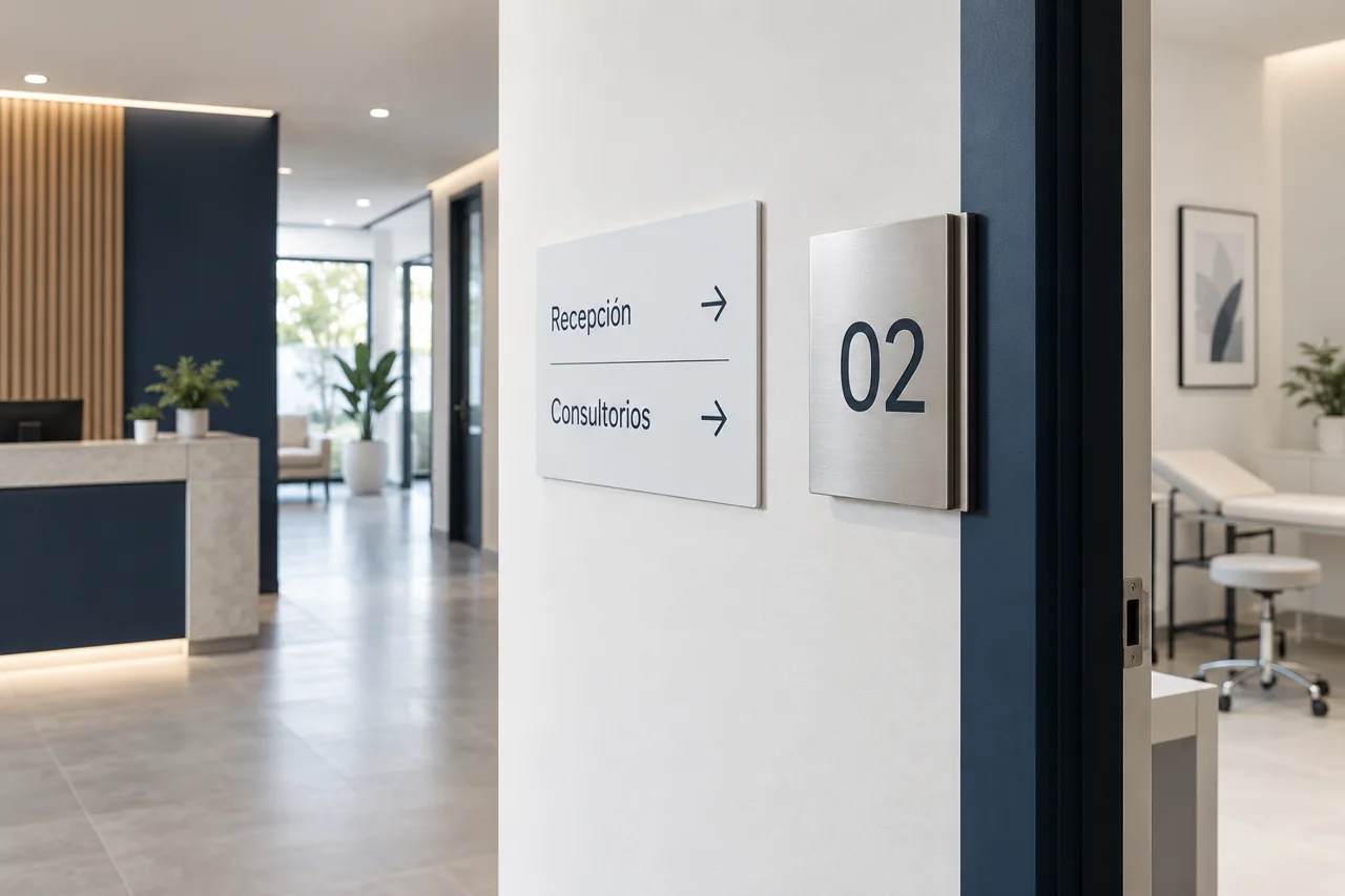Placas de puertas, números de sala y señales para orientar en un interior.