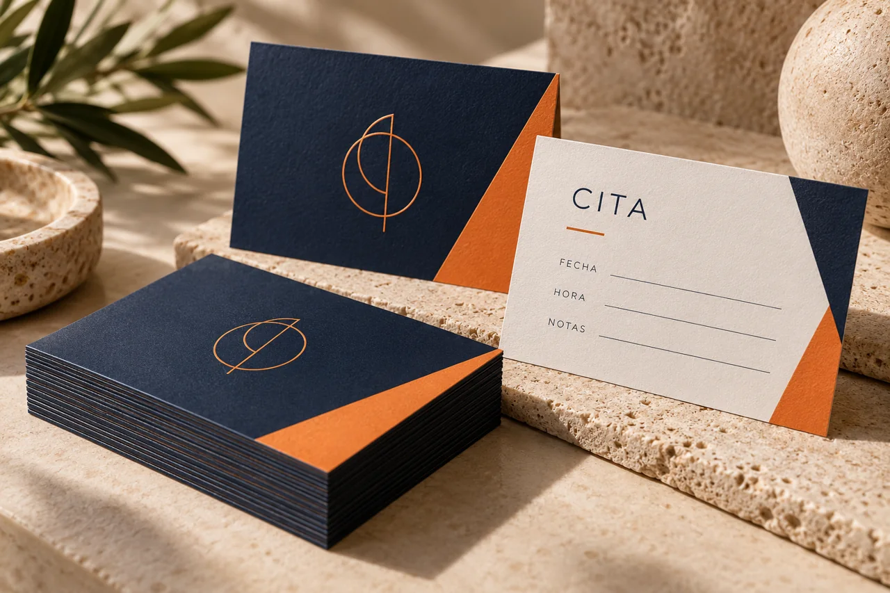 Tarjetas de contacto y recordatorio de cita con diseño personalizado.