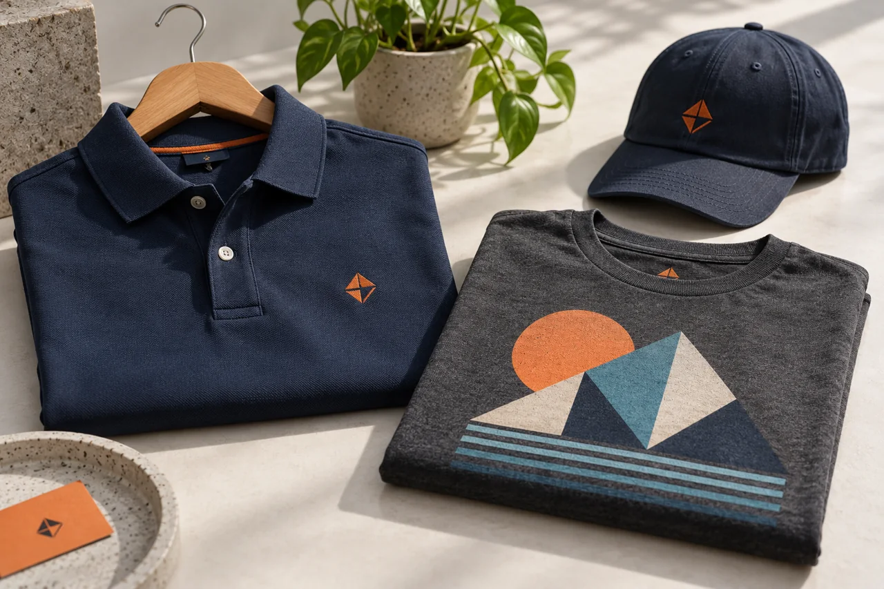 Polo bordado, camiseta impresa y gorra con una identidad coordinada.