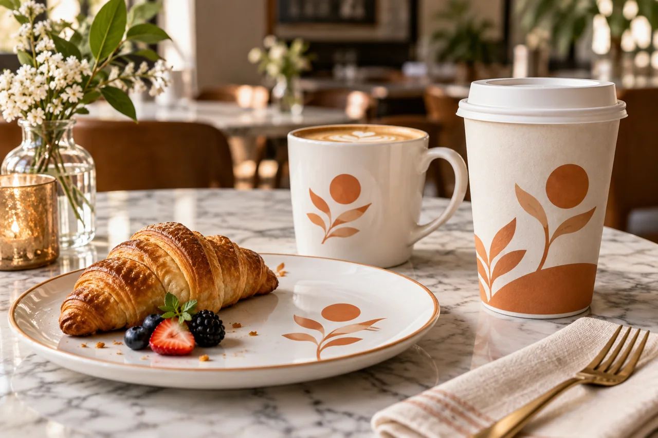 Taza, plato y vaso personalizados para un negocio de alimentos.