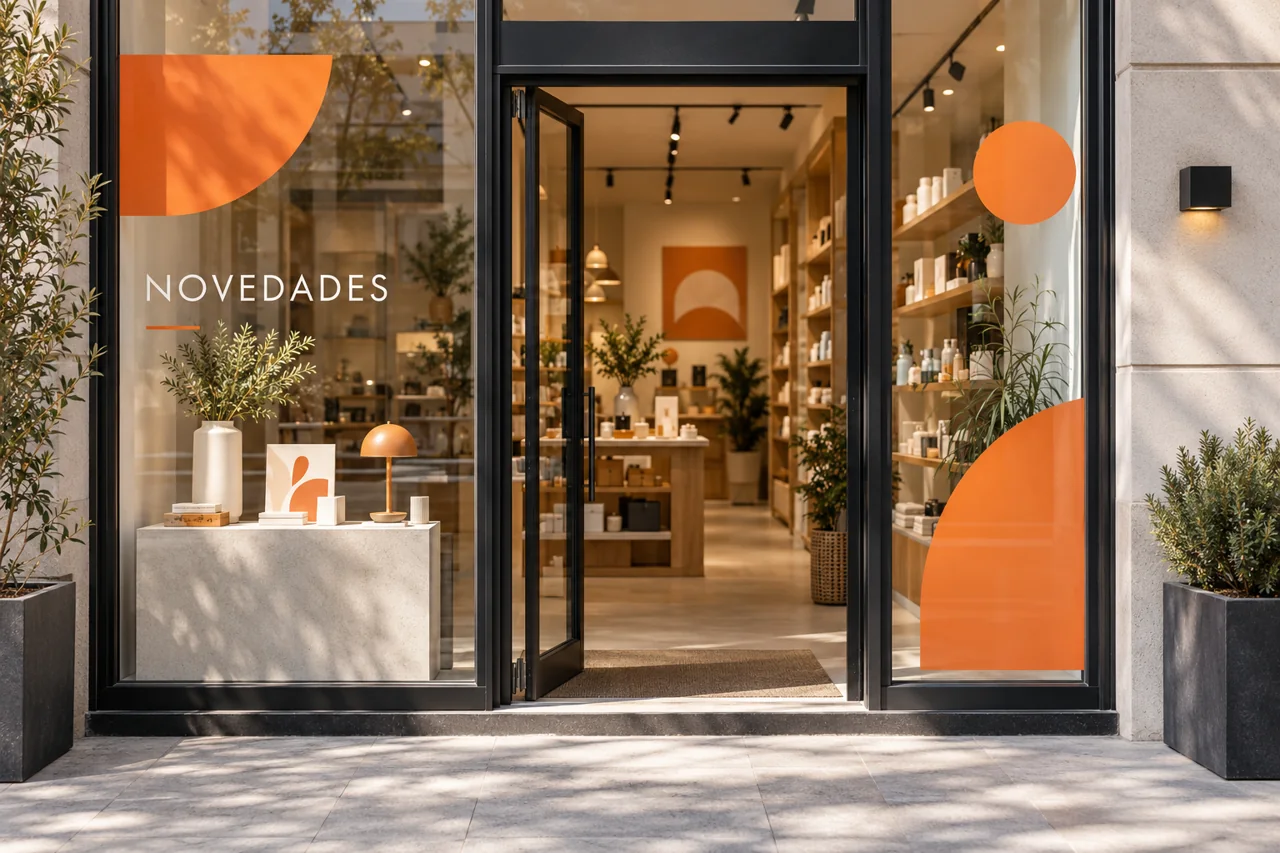 Vitrina comercial con vinilos, identidad y exhibición de productos.