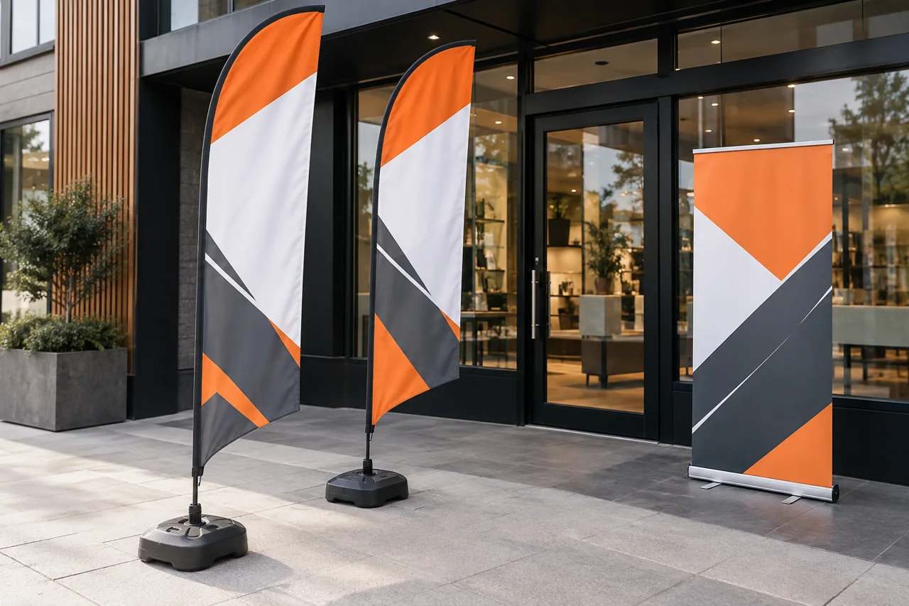 Banderas tipo beach flag con bases frente a un local comercial.