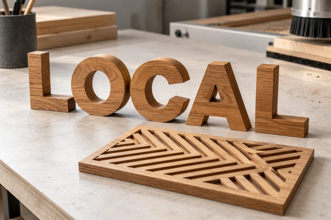 Letras y panel decorativo recortados en madera natural.
