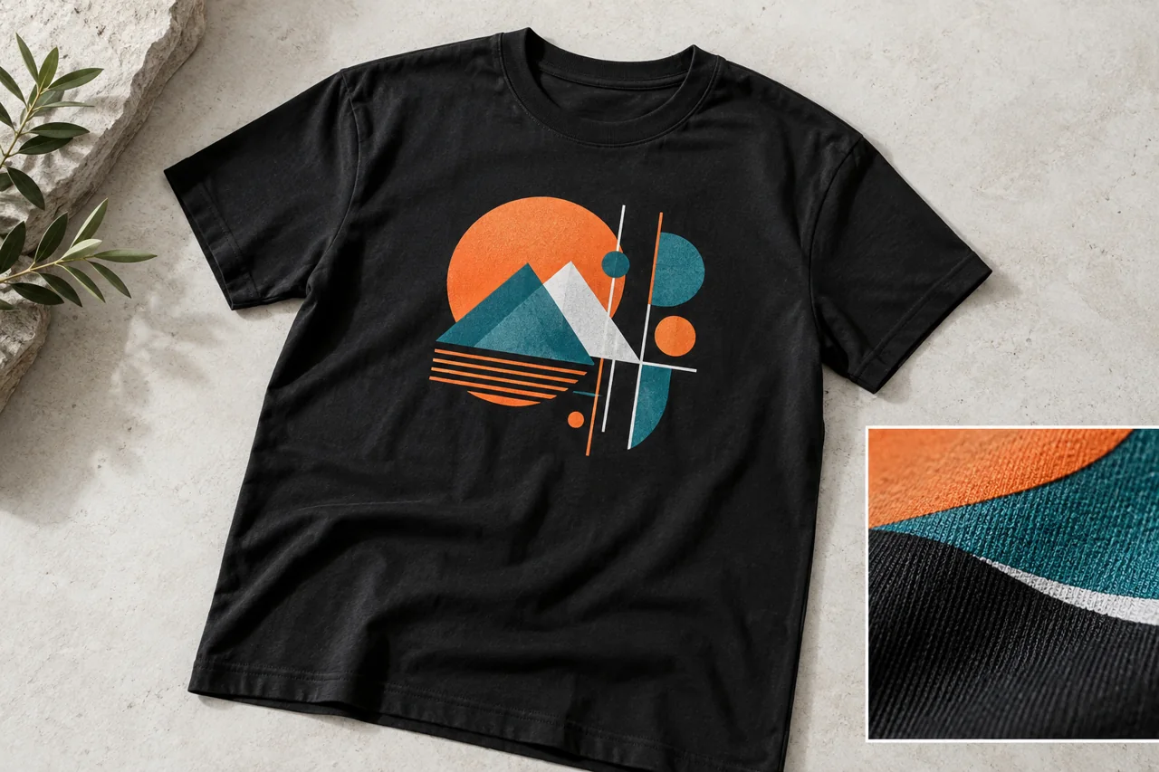 Camiseta negra con diseño geométrico a color aplicado en el pecho.