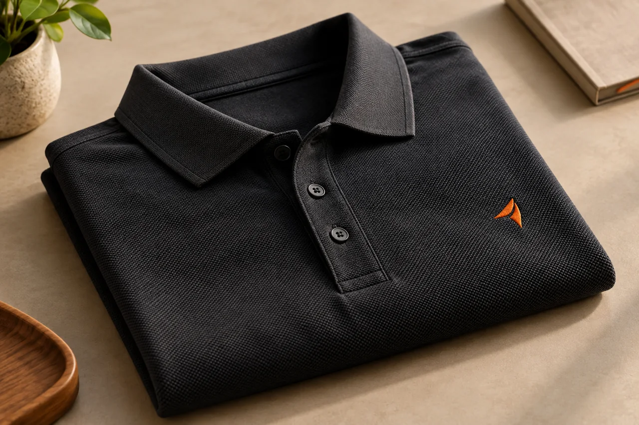 Polo oscuro con un símbolo naranja bordado en el pecho.