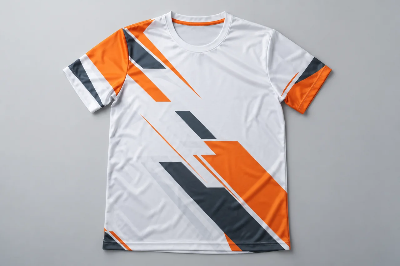 Camiseta blanca sublimada con un diseño geométrico naranja y gris.